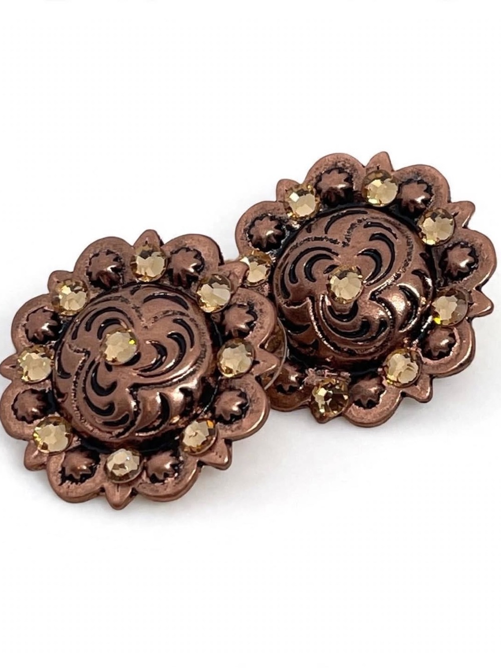 Copper engraved metal post earrings with topaz Swarovski crystals. Lightweight